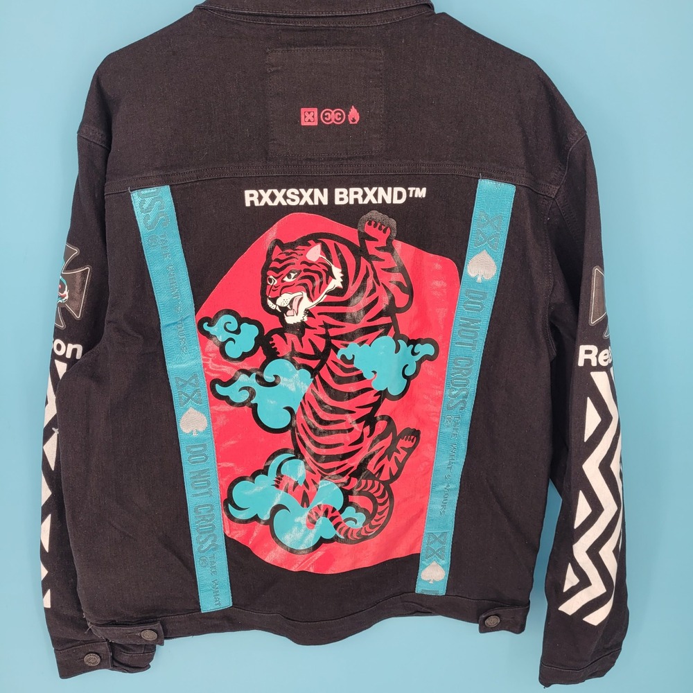 Reason Denim Jacket Mens Large Streetwear Graphic Tiger Black   punk hip hop